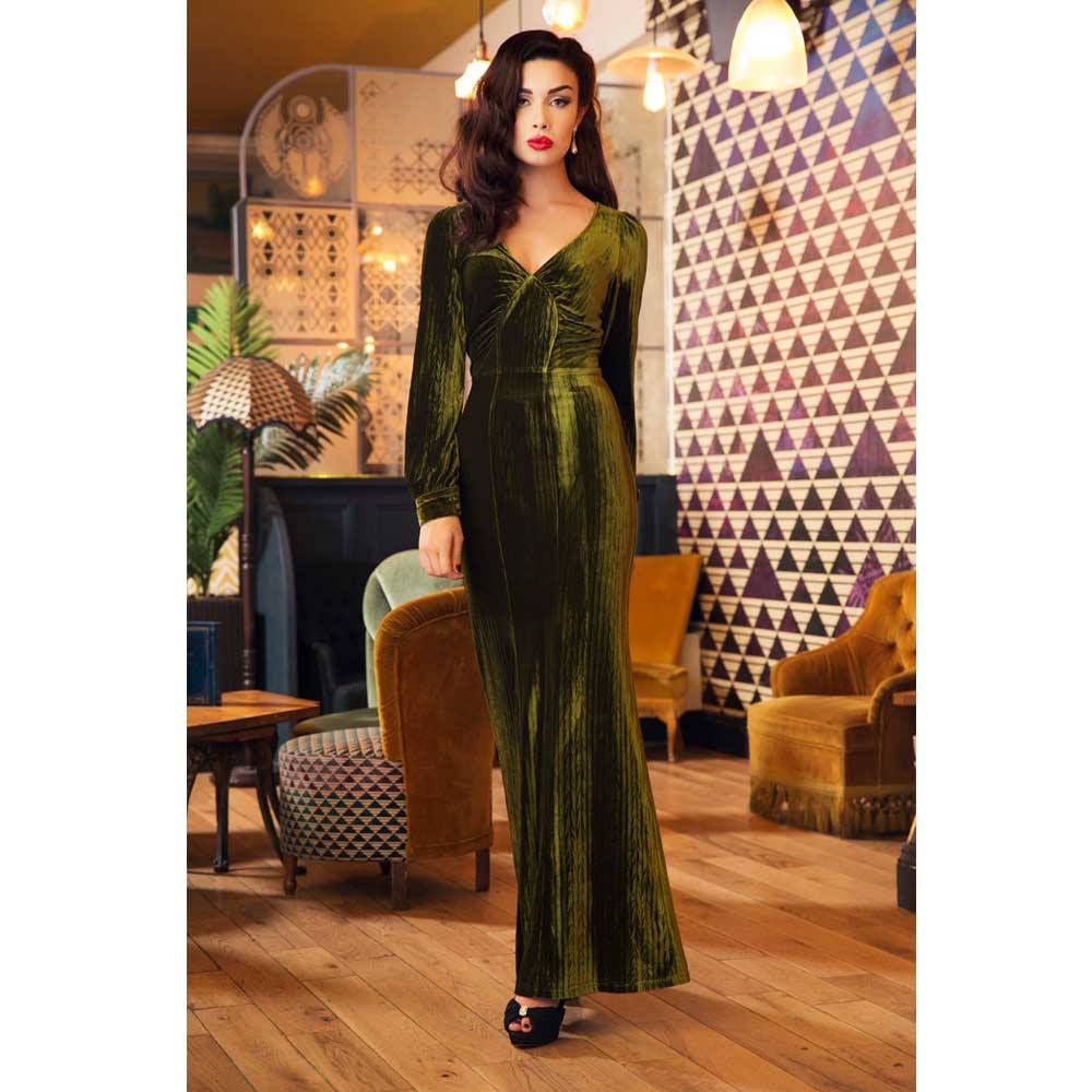 Voodoo Vixen Lange Fluwelen Jurk Met Lange Mouwen En V Hals Olijf