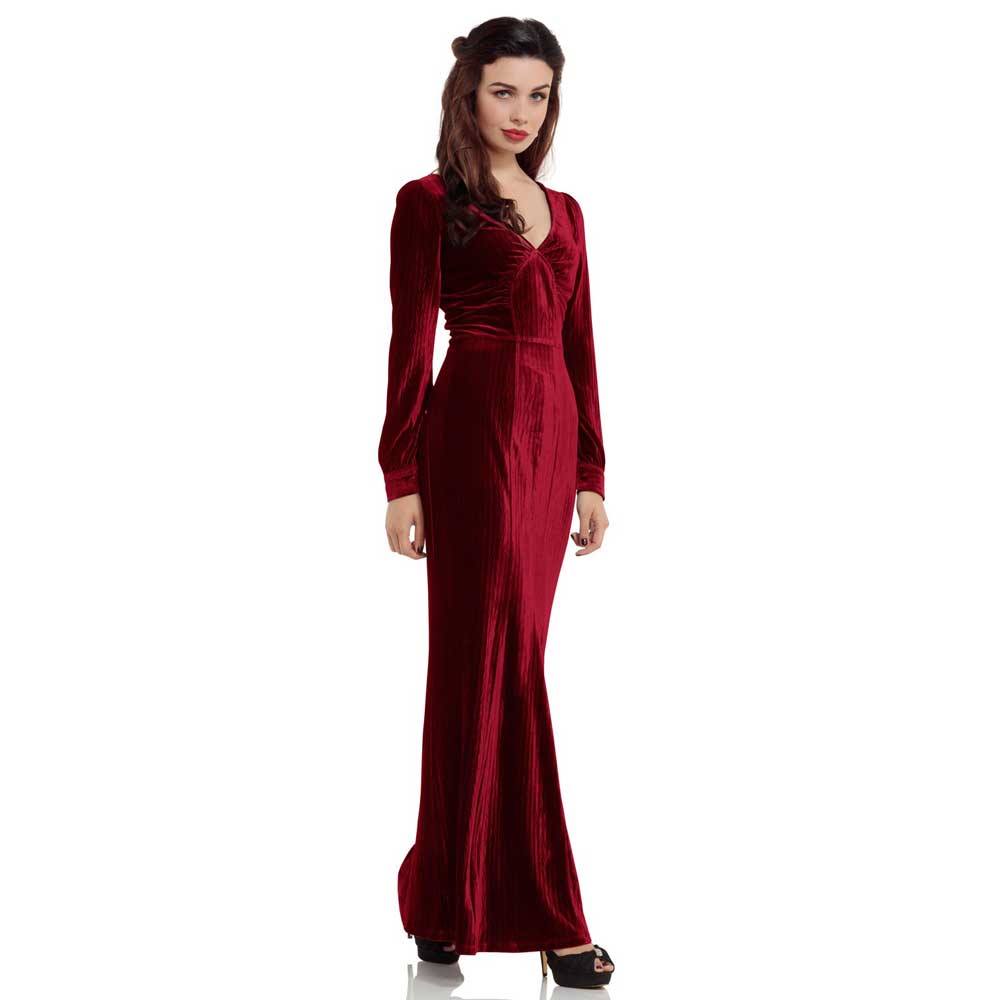 Verrassend Voodoo Vixen Lange fluwelen jurk met lange mouwen en V-hals rood TT-65