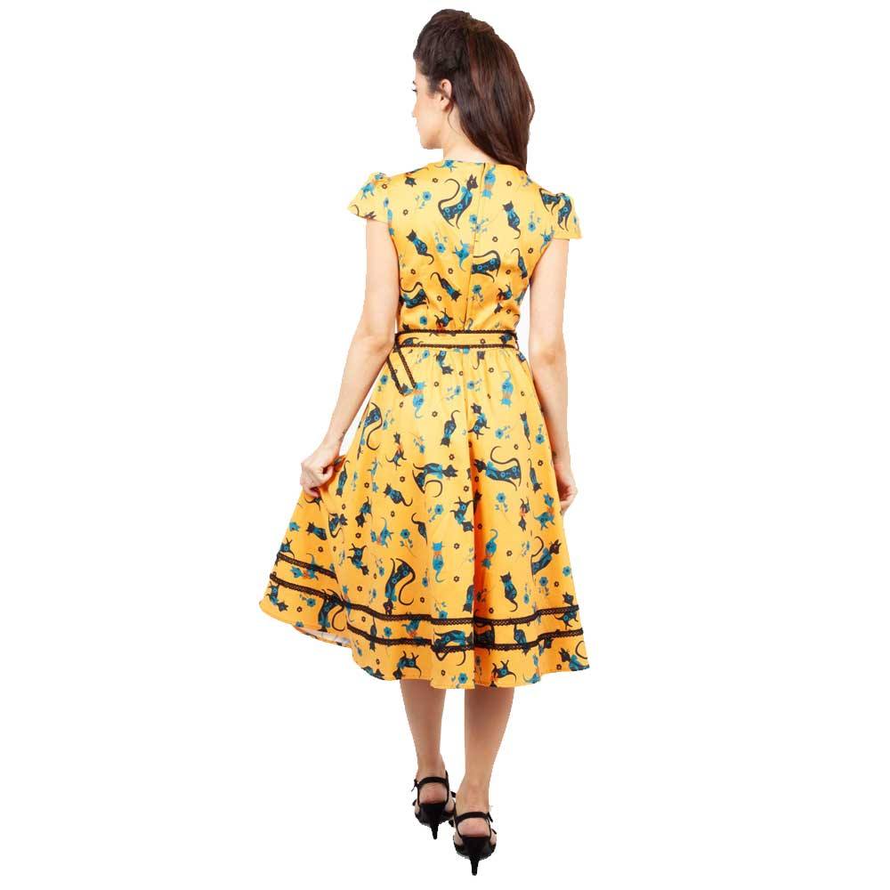 Voodoo Vixen Savannah Jurk Met Katten Print Mosterd Geel