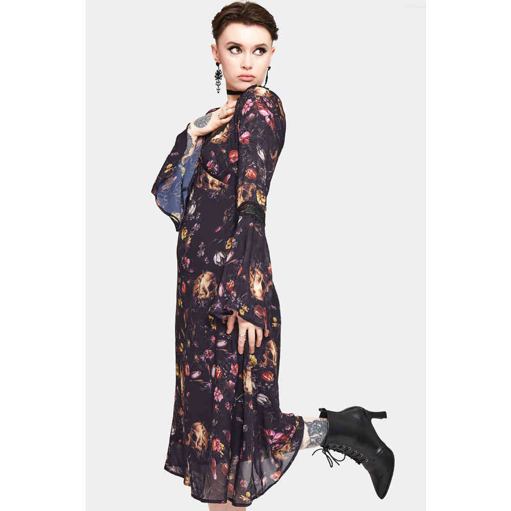 Jawbreaker Jawbreaker - Garden Skull Print Midi Lange jurk - Zwart | At