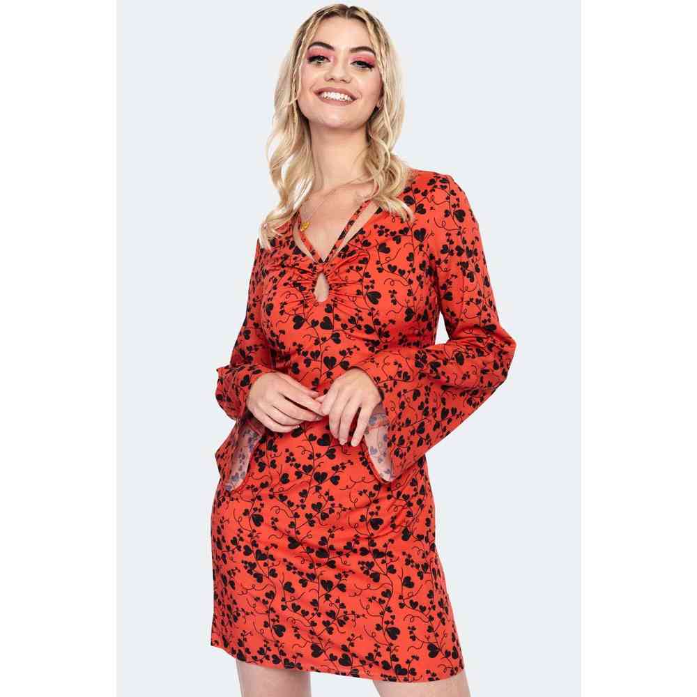 Voodoo Vixen Voodoo Vixen - 60s Bleeding Hearts Print Flare Sleeve Mini