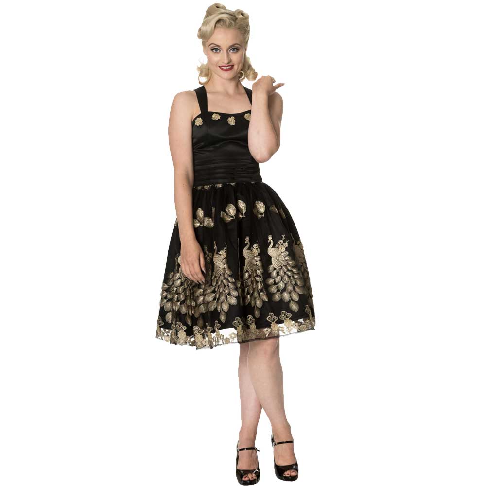 Dancing Days Moonlight Escape Jurk Met Gouden Pauwen Print Zwart