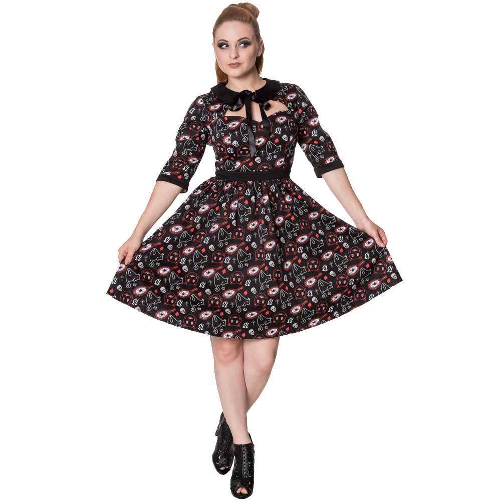 Banned Two Faces Jurk Met Driekwart Mouwen En Katten Print Zwart