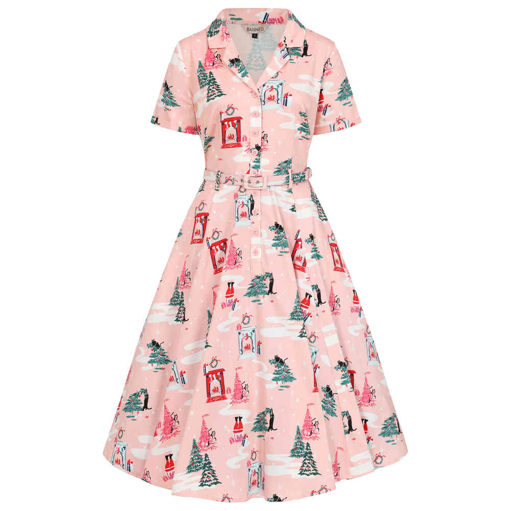 Banned Banned - Bella Puuurfect Christmas Swing Flare dress - Pink | At