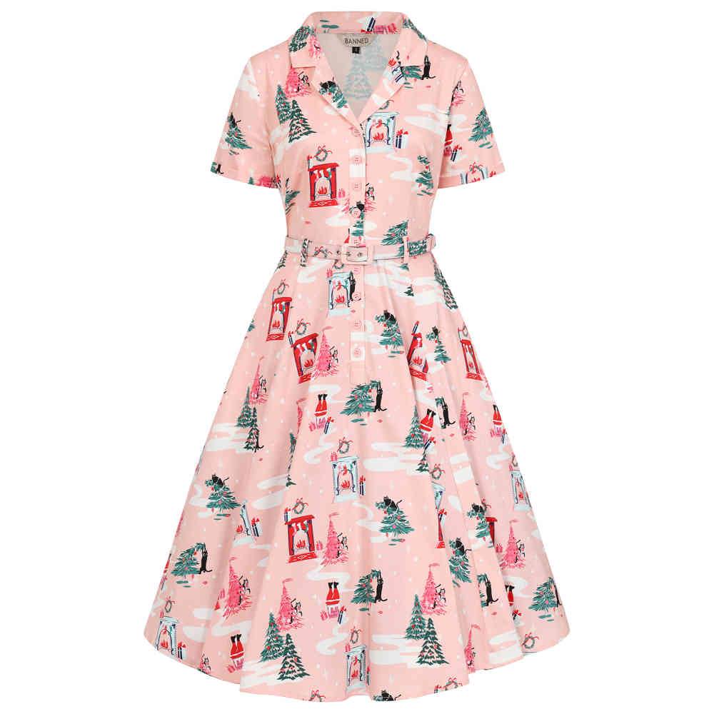 Banned Banned - Bella Puuurfect Christmas Swing Flare dress - Pink | At Banned Banned - Bella Puuurfect Christmas Swing Flare dress - Pink | At