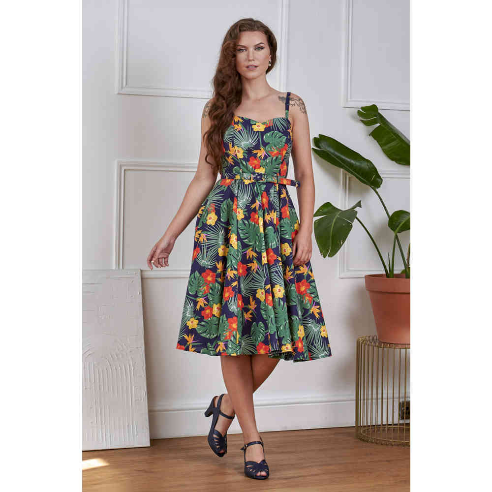 Banned Banned - Morena Tropical Summer Swing Flare dress - Dark blue |