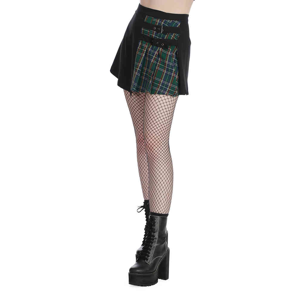 Mini jupe PUNK RAVE en simili cuir noir et tissu tartan rouge