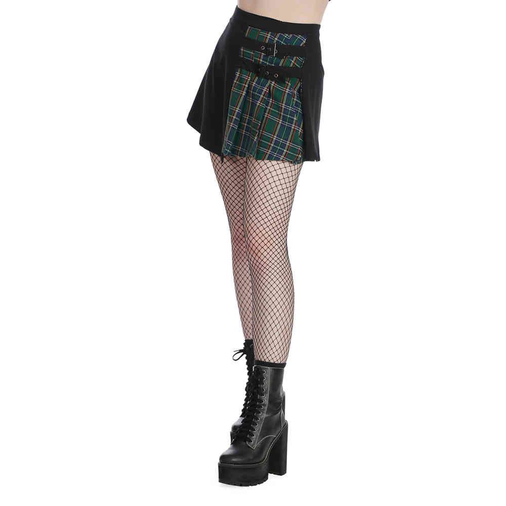Mini jupe PUNK RAVE en simili cuir noir et tissu tartan rouge Mini jupe PUNK RAVE en simili cuir noir et tissu tartan rouge