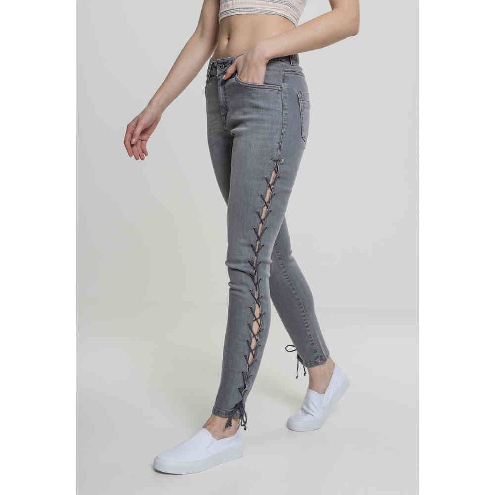 Urban Classics Damen Skinny Jeans Mit Seitlicher Schnürung – Denim, Stretch, In Schwarz, Grau, Weiß, Größen 26-30